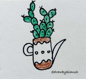 A Cactus in a Watering Can | Easy Plant Drawing Ideas